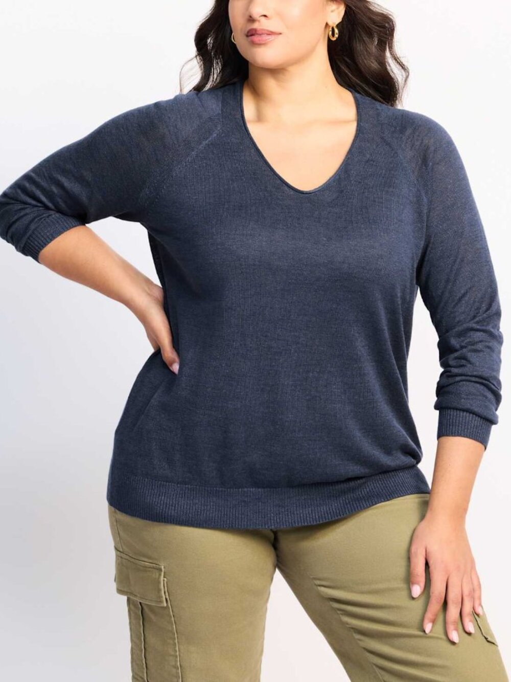 Market & Spruce Cassian Linen Blend Mix Stitch Sweater Navy Plus 2X